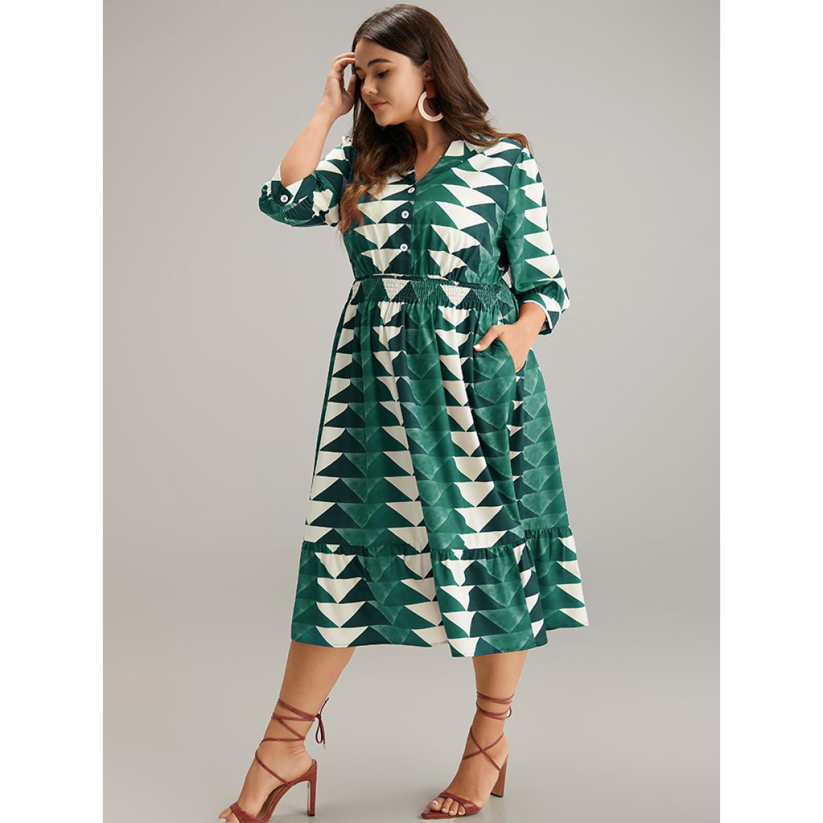 Plus Size Geometric Shirred Button Up Ruffle Hem Dress Aegean Women Vacation Printed Notched collar Elbow-length sleeve Curvy Midi Dress BloomChic 12/L Product Image