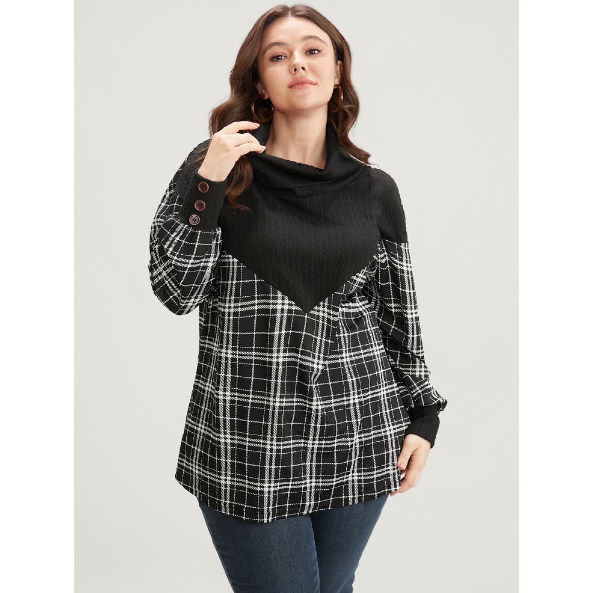 Plus Size Plaid Patchwork Button Detail Funnel Neck Sweatshirt Women Black Elegant Contrast Turtleneck Dailywear Sweatshirts BloomChic 10/M Product Image