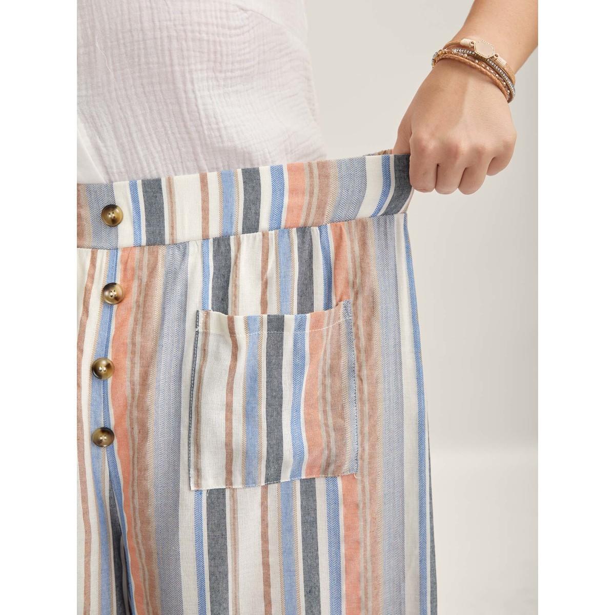 Plus Size Soft Stripes Button Wide-Leg Pants Women Multicolor Boho Wide Leg Mid Rise Vacation Pants BloomChic 22-24/3X Product Image
