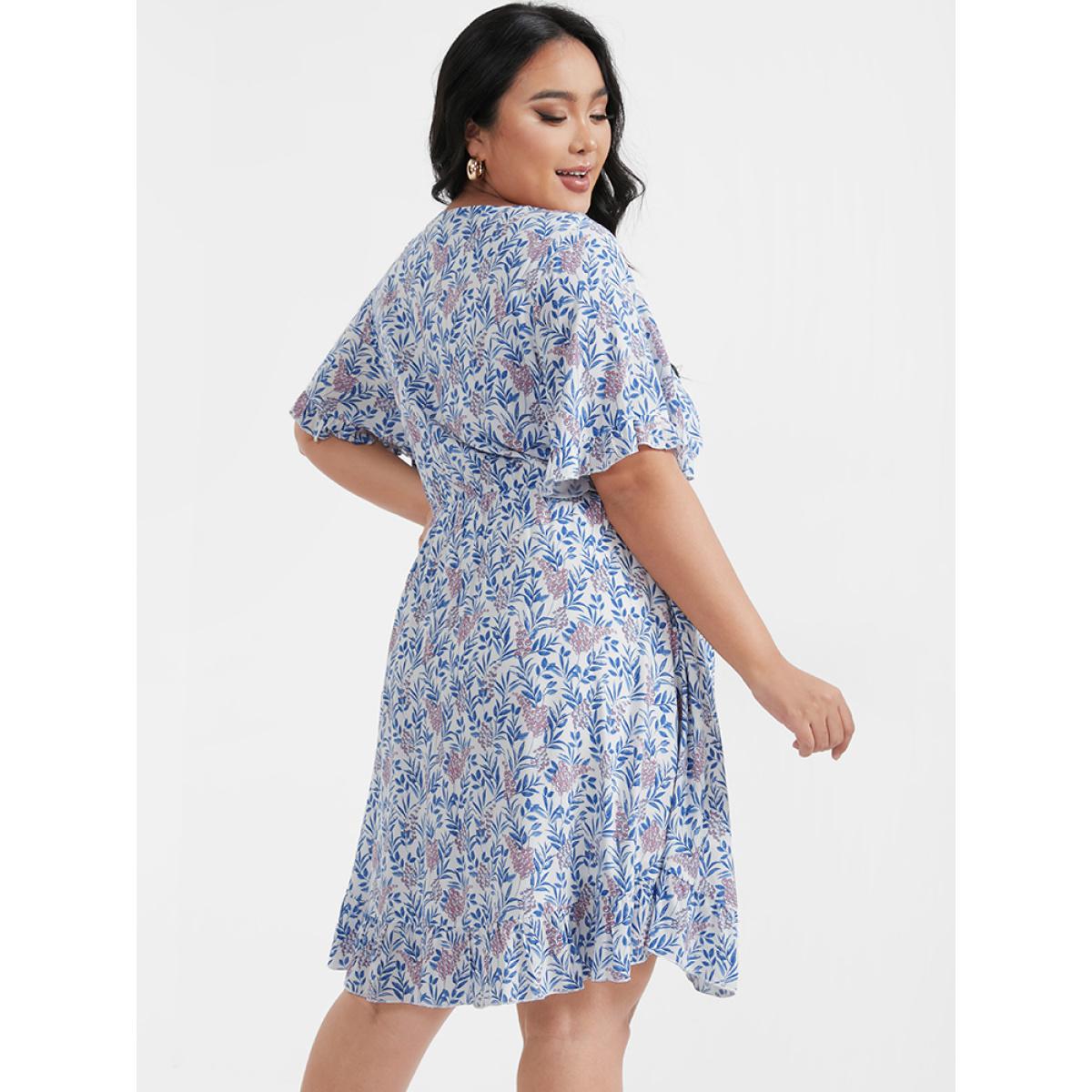 Plus Size Ditsy Floral Ties Asymmetrical Ruffled V Neck Dress LightBlue Women Elegant Cross straps V-neck Short sleeve Curvy Knee Dress BloomChic 26/4X Product Image