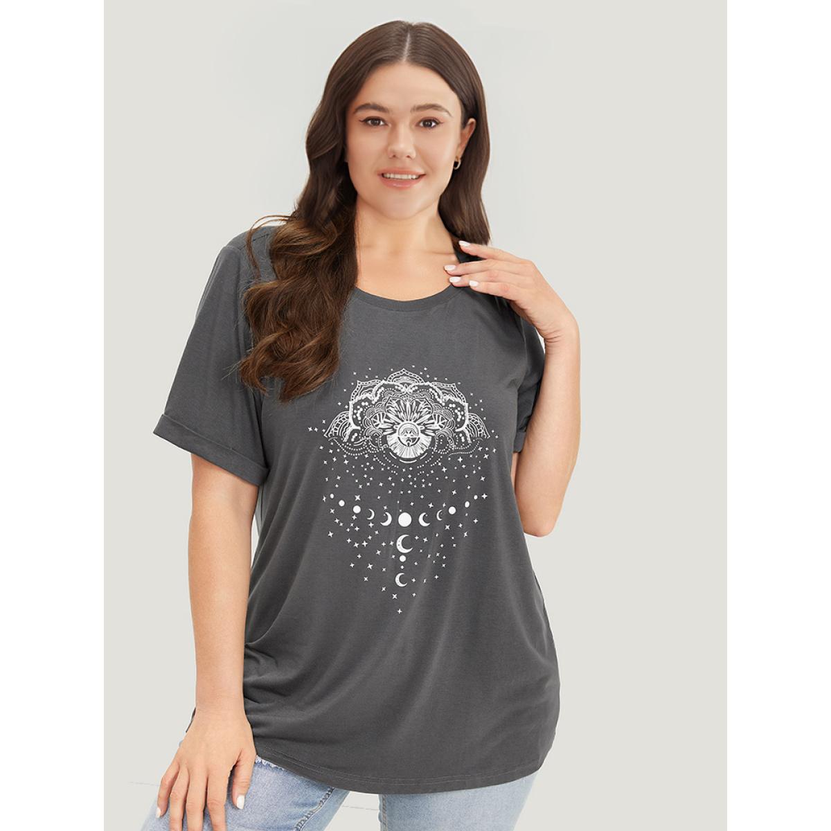 Plus Size Floral & Moon Print Crew Neck Roll Sleeve T-shirt DimGray Women Casual Printed Star and moon Dailywear T-shirts BloomChic 30/6X Product Image