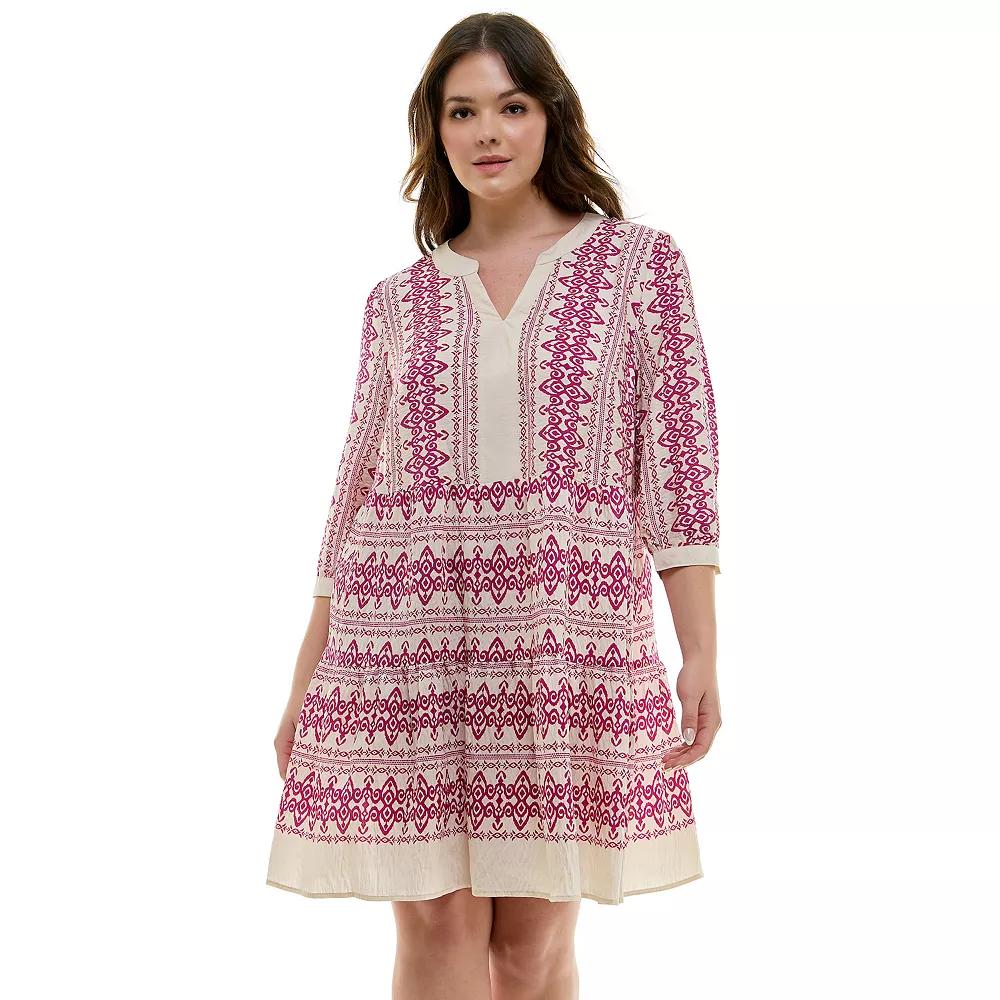 Plus Size Figueroa & Flower V-Neck Printed Baby Doll Dress, Women's, Size: 2XL, Cream Pink Product Image