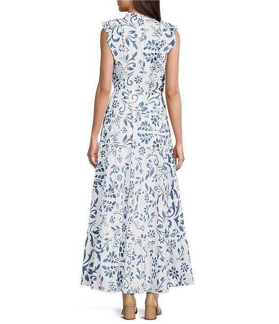 Lauren Ralph Lauren Narellea Cotton Voile Floral V-Neck Short Flutter Sleeve A-Line Tiered Ruffle Trim Maxi Dress Product Image