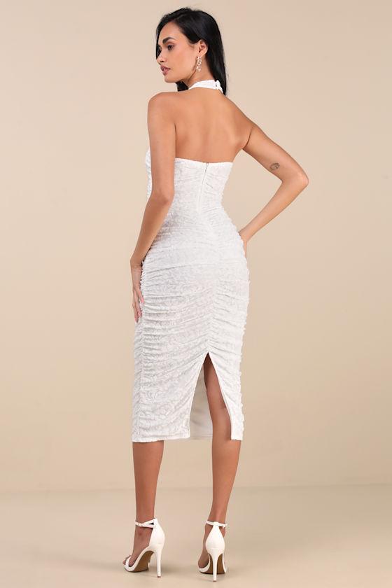 Delanie White Mesh Floral Burnout Halter Midi Dress Product Image