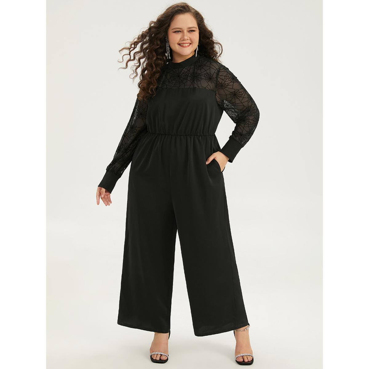 Plus Size Black Halloween Anti-Wrinkle Spider Web Crochet Lace Mesh Jumpsuit Women Glamour Long Sleeve Mock Neck Festival-Halloween Loose Jumpsuits BloomChic 14-16/1X Product Image