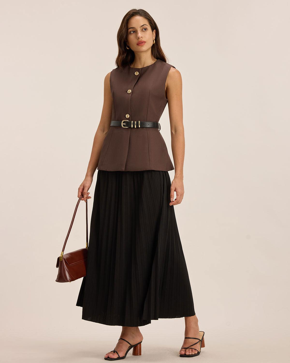 Brown Round Neck Button Vest Product Image