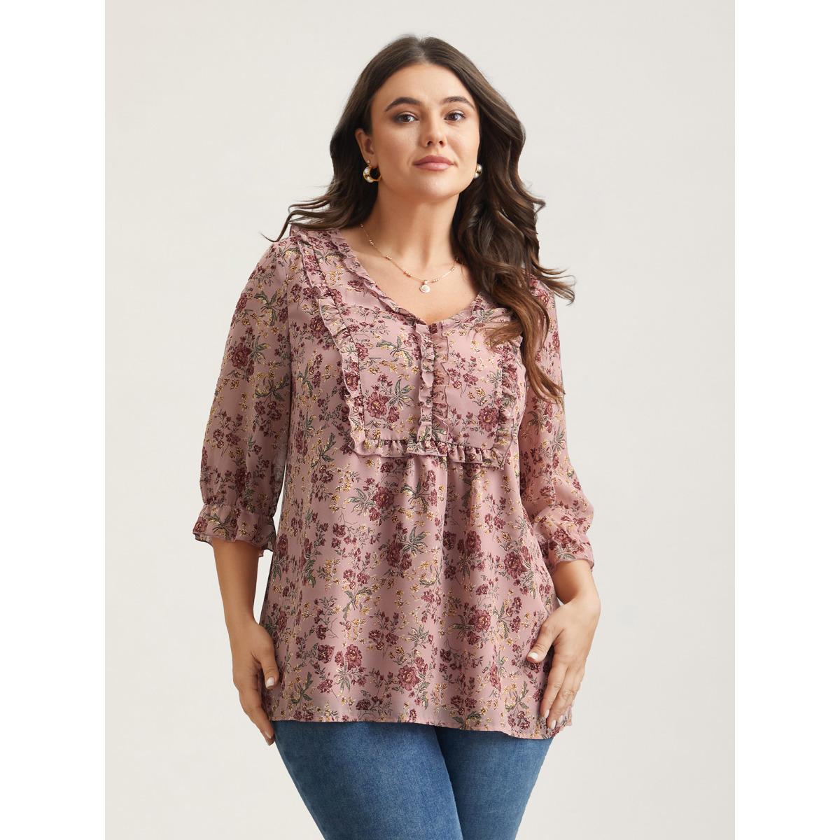 Plus Size Rouge Chiffon Floral Print Ruffled Neck Flowy Shirt Women Romantic Elbow-length sleeve V-neck Elegant Blouses BloomChic 18-20/2X Product Image