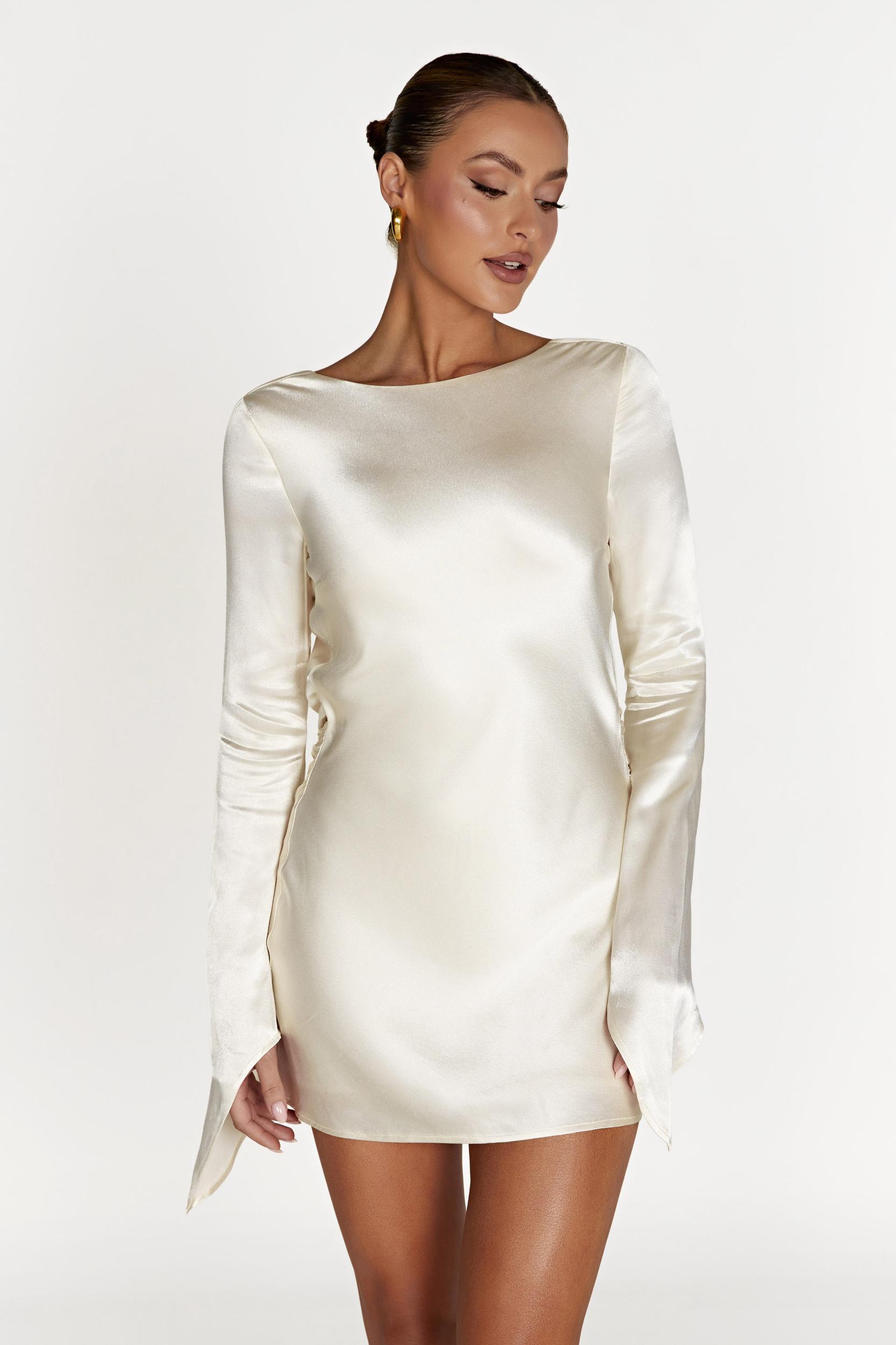Davina Satin Long Sleeve Mini Dress - Ivory Product Image