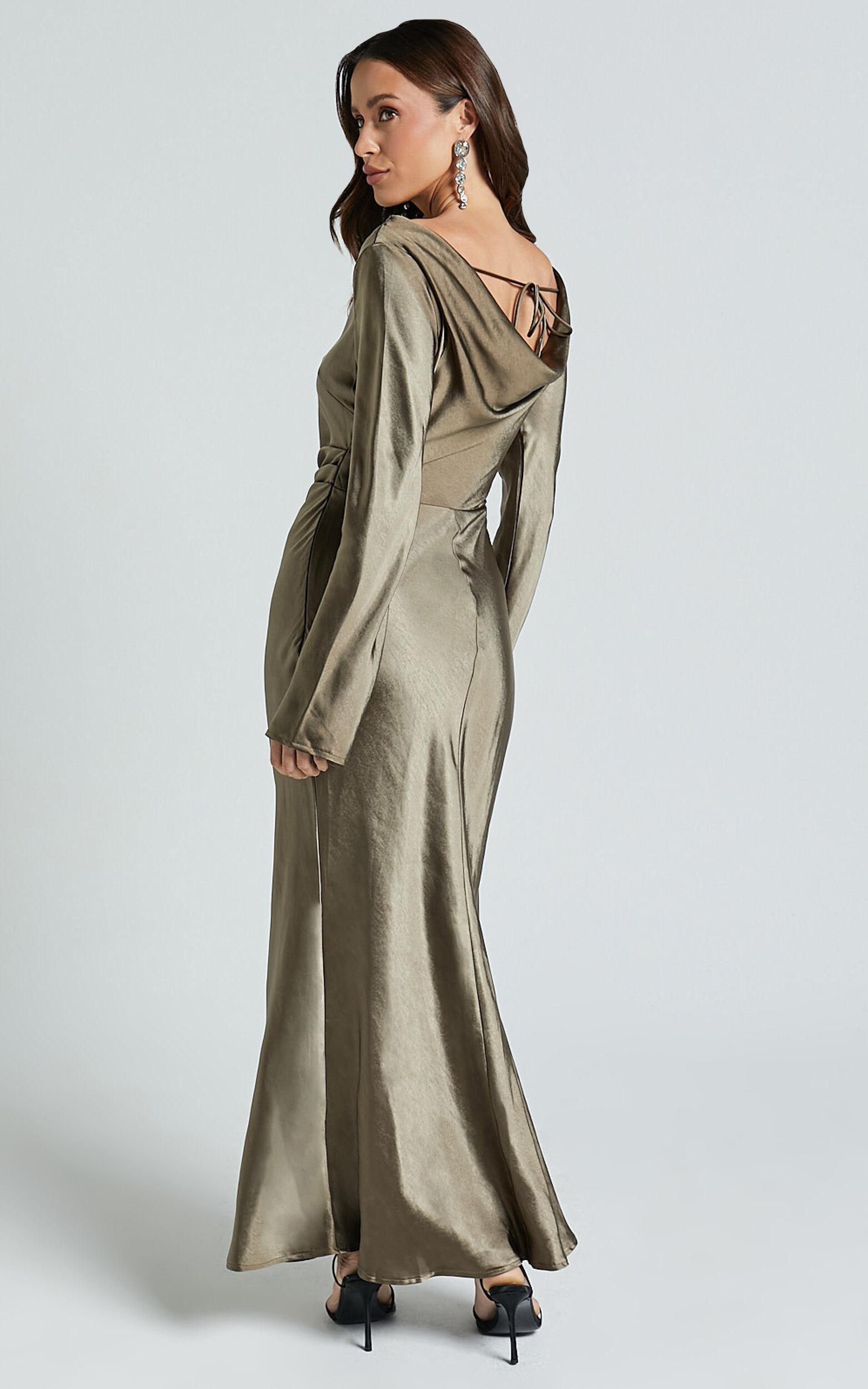 Arriana Midi Dress - Long Sleeve Cowl Back Satin Dress in Dark Olive Product Image