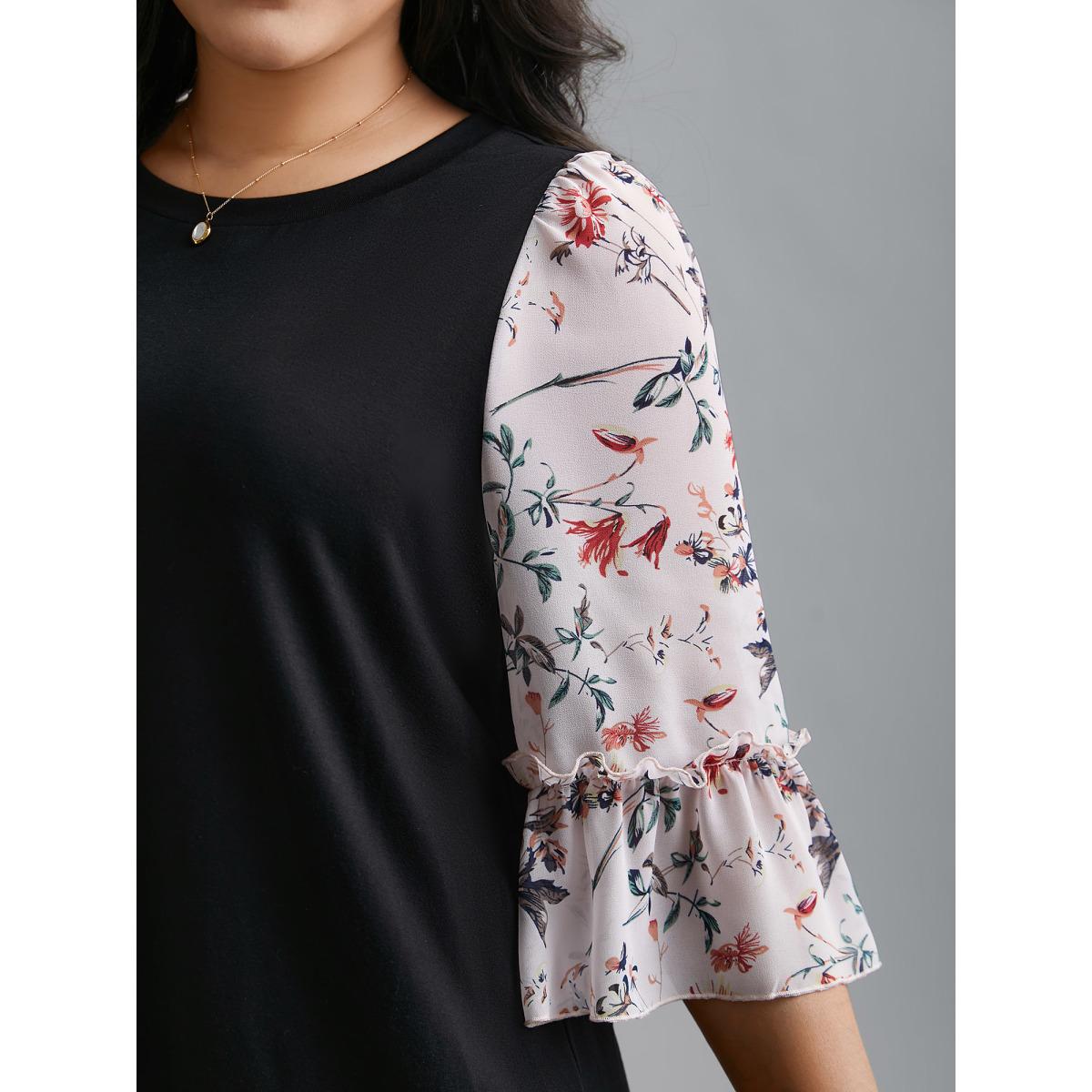 Plus Size Floral Print Patchwork Ruffle Sleeve T-Shirt Black Women Elegant Contrast Round Neck Everyday T-shirts BloomChic 14-16/1X Product Image