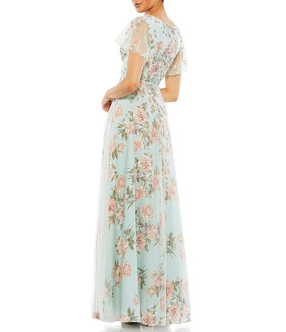 Mac Duggal Floral Surplice V-Neck Short Flutter Sleeve A-Line Gown Product Image