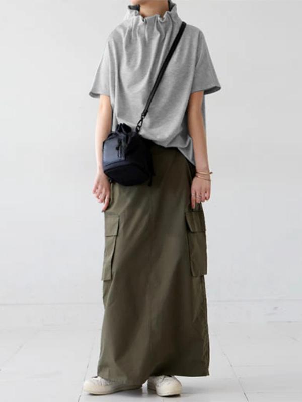 Loose Short Sleeves Solid Color Stand Collar T-Shirts Tops Product Image