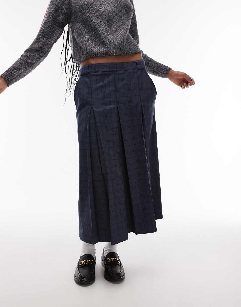 Topshop box pleat midi skirt in plaid print Product Image