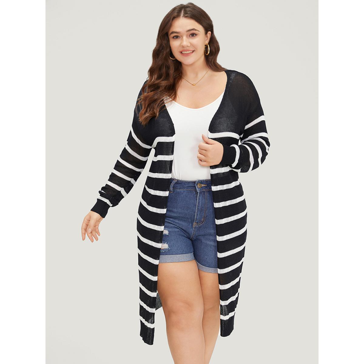 Plus Size Striped Open Front Elastic Cuffs Drop Shoulder Cardigan Black Women Casual Loose Long Sleeve Everyday Cardigans BloomChic 14-16/1X Product Image