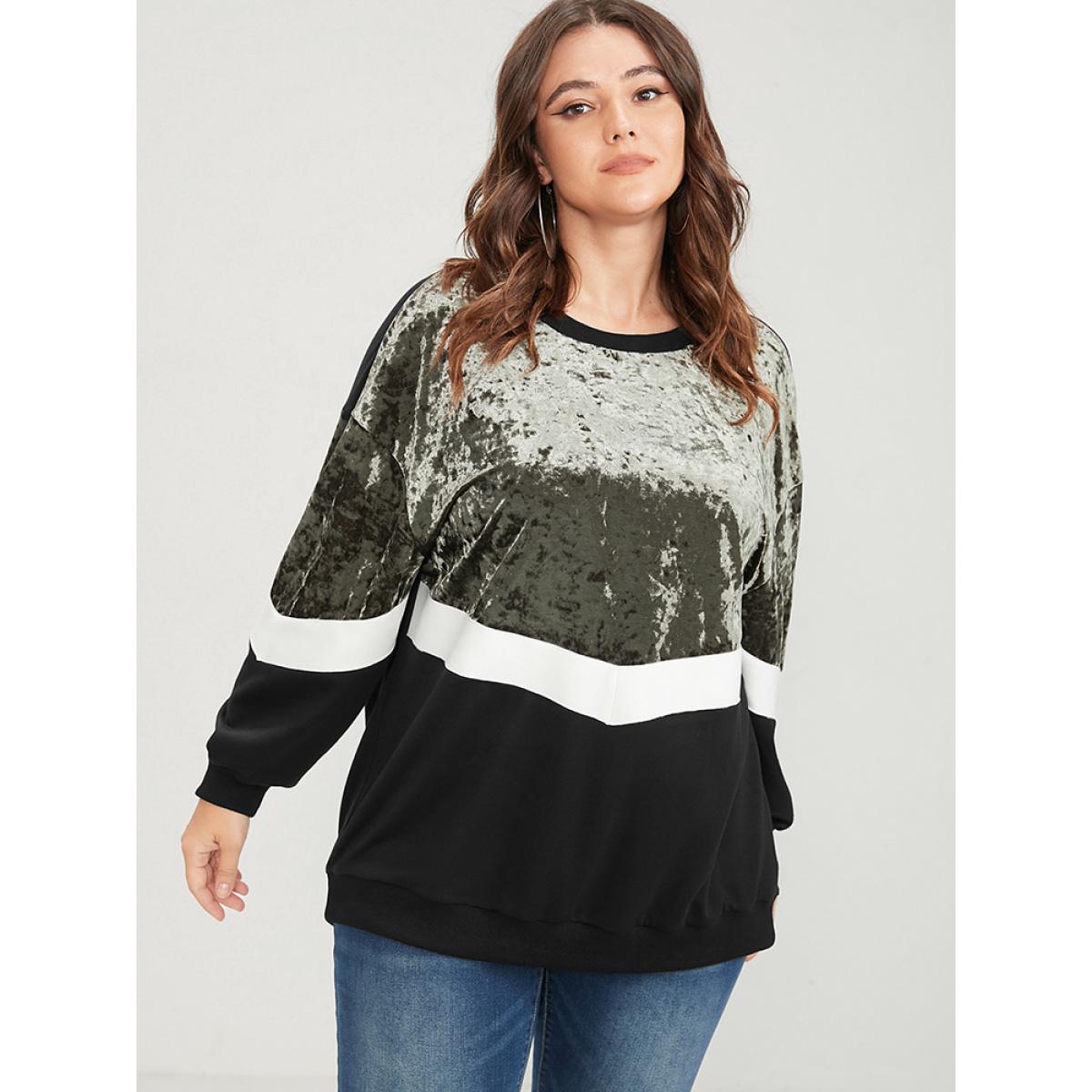 Plus Size Colorblock Contrast Velvet Patchwork Drop Shoulder Sweatshirt Women ArmyGreen Casual Patchwork Round Neck Dailywear Sweatshirts BloomChic 12/L Product Image