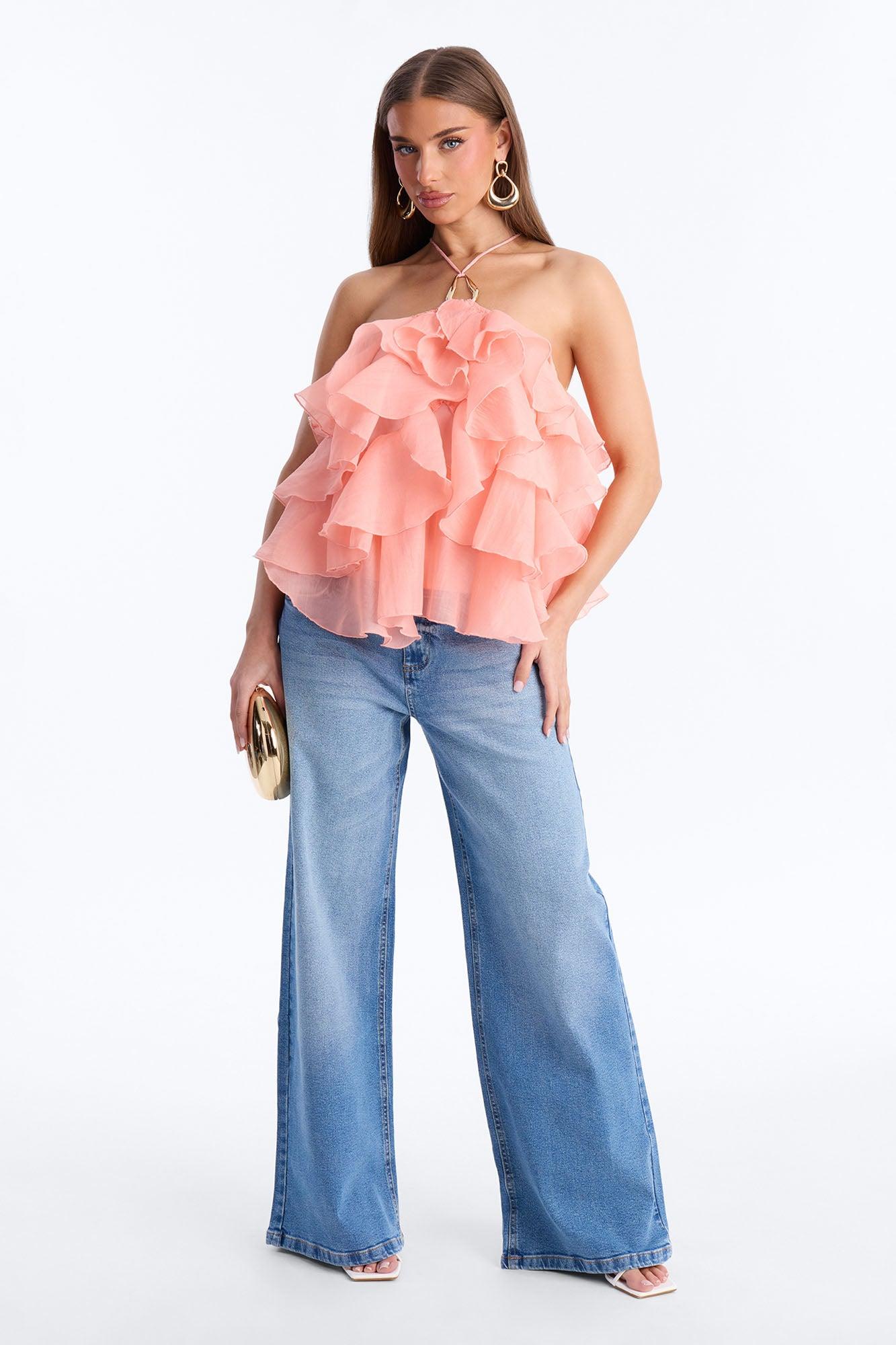 Ruffle Cutie Hardware Organza Halter Top - Peach Female Product Image