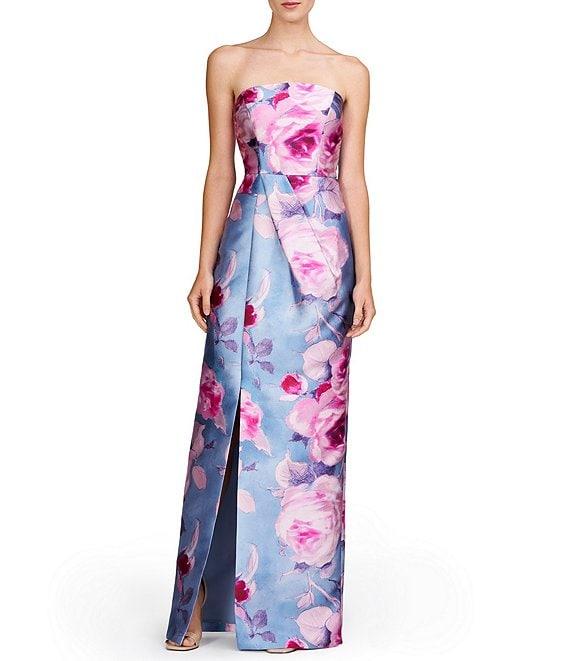 Kay Unger Mikado Floral Print Strapless Neck Sleeveless Pleated Sheath Gown Product Image