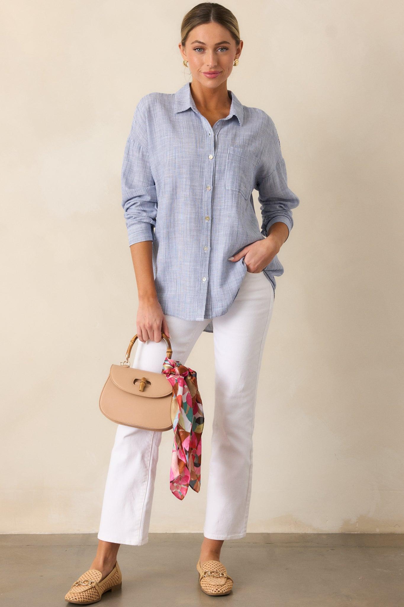 What Do You Mean Blue Stripe Linen Blend Button Front Top Product Image
