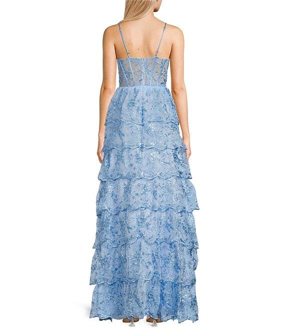 Next Up Spaghetti Strap Sequin Embroidered 7-Scallop Edge Ruffle Dress Product Image