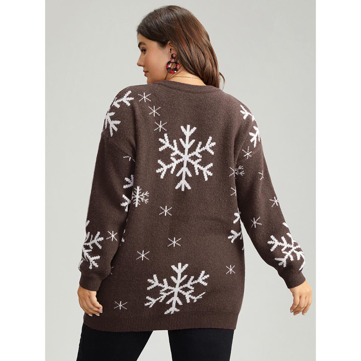 Plus Size Anti-Pilling Snowflake Print Pullover DarkBrown Women Playful Loose Long Sleeve V-neck Casual Pullovers BloomChic 12/L Product Image