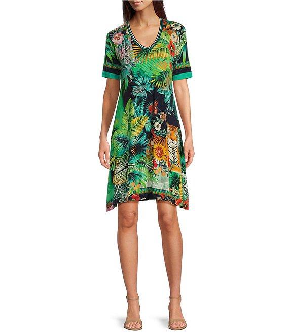 JOHNNY WAS Janie Favorite Printed Bamboo Blend Knit V-Neck Short Sleeve Dress Product Image