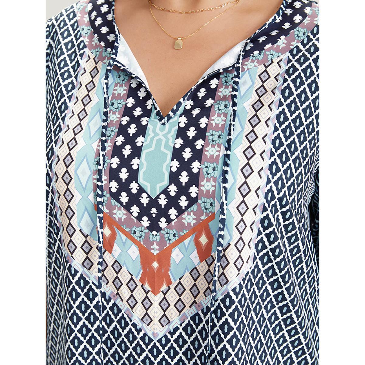 Plus Size Bandana Print Pocket Button Knot Neck Dress DarkBlue Women Vacation Button V-neck Elbow-length sleeve Curvy Knee Dress BloomChic 28/5X Product Image