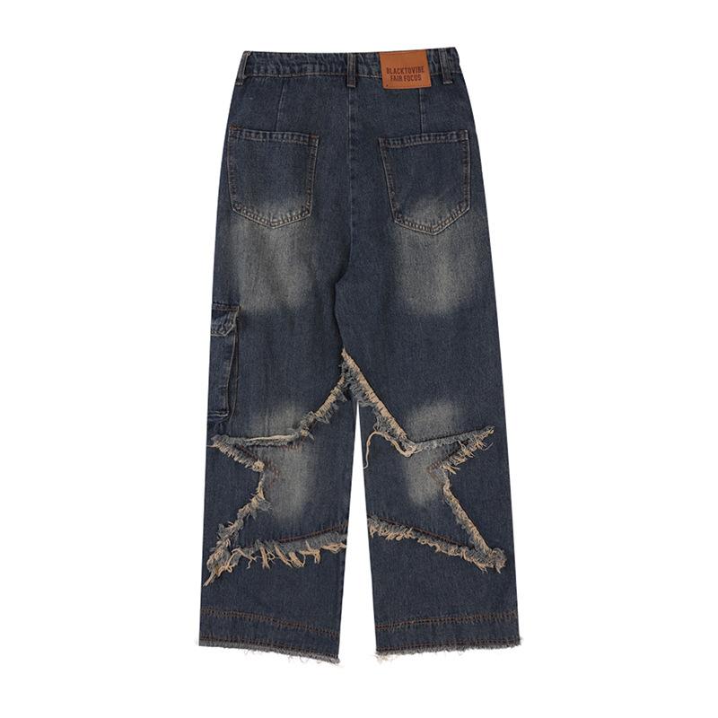 Sopula Vintage Washed Star Patchwork Raw Edge Jeans Product Image