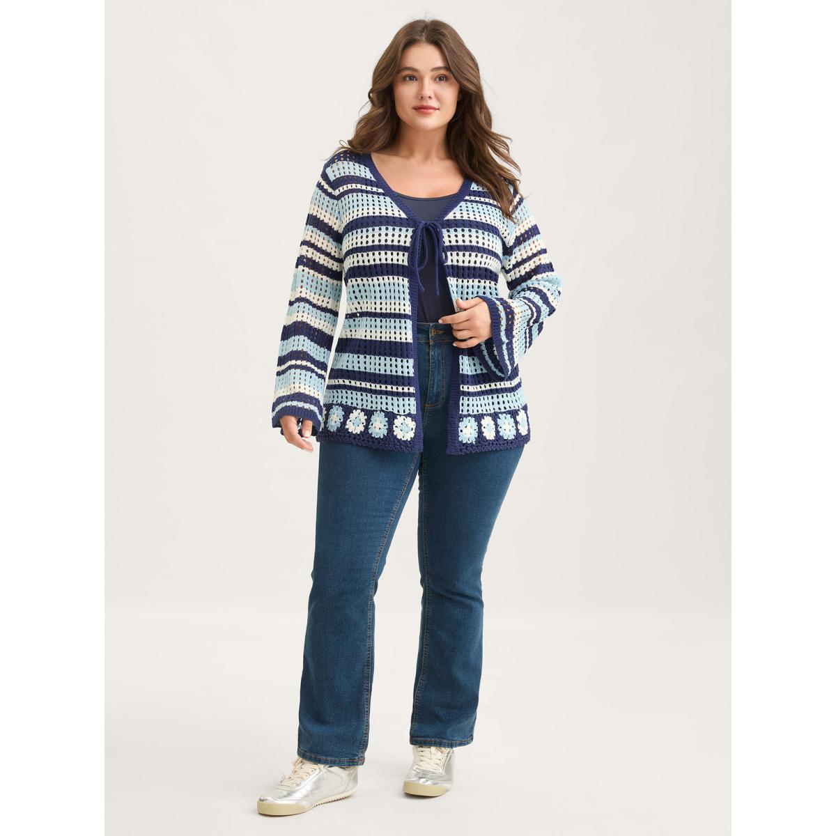 Plus Size Crochet Color Stripes Flared Sleeve Knit Cardigan Indigo Women Loose Long Sleeve Casual Cardigans BloomChic 10/M Product Image