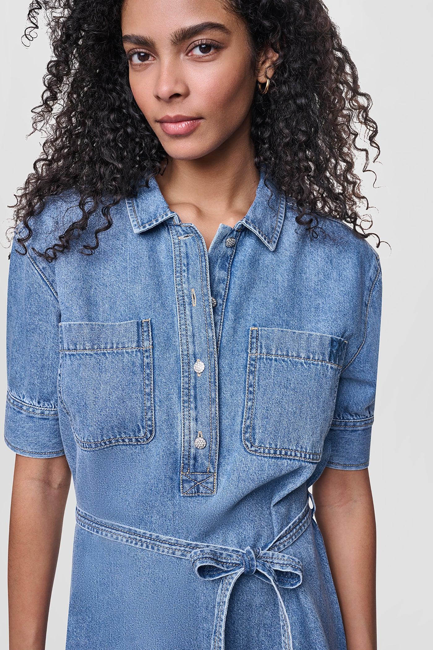DENIM BUTTON-FRONT SHIRT DRESS Product Image