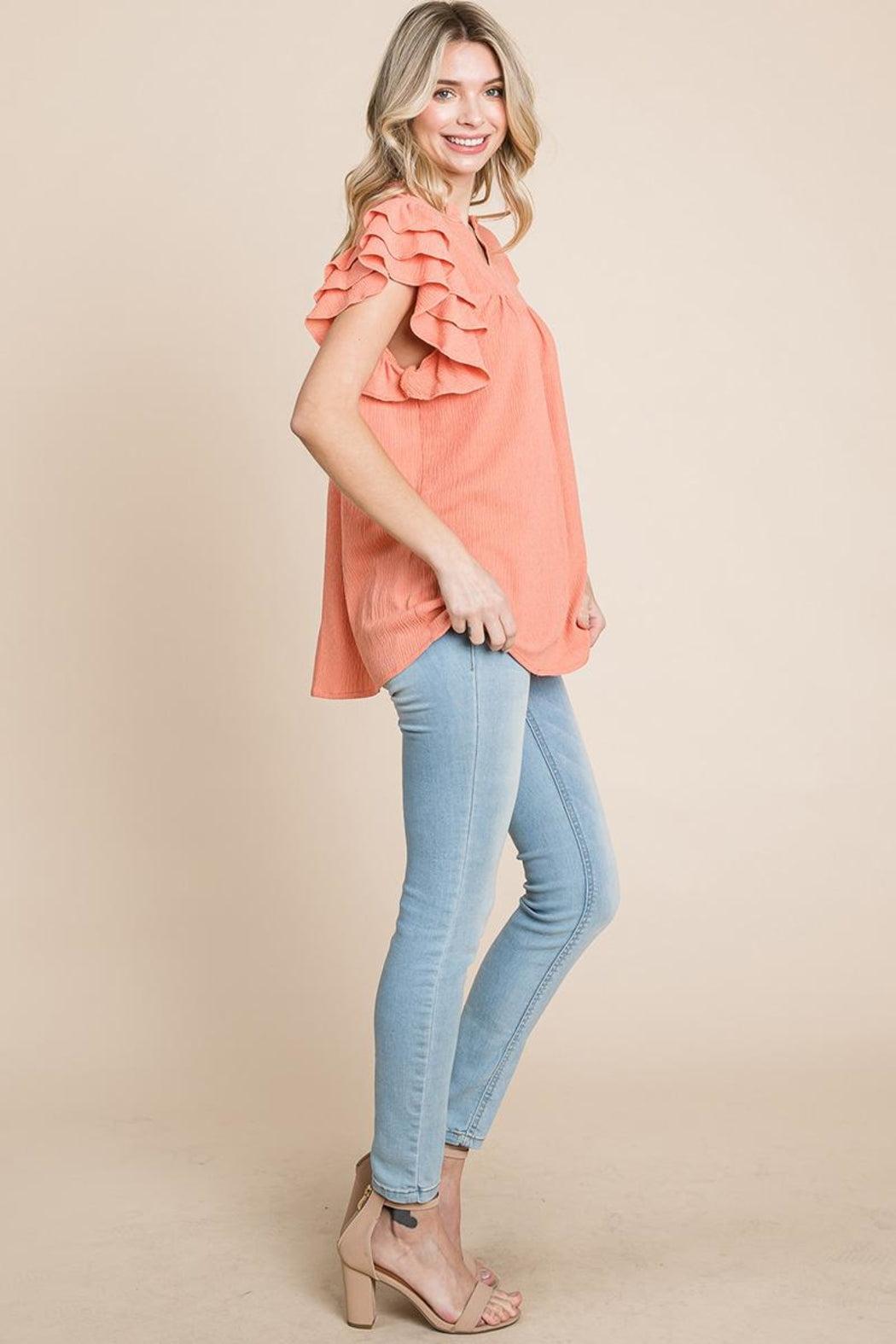V Neck Ruffle Sleeve Textured Shirts Blouses Product Image