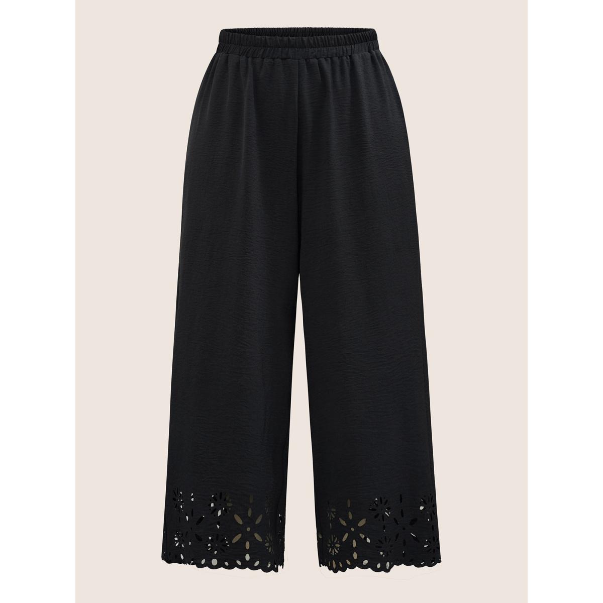 Plus Size Laser Cut Elastic Waist Wide Leg Pants Women Black Timeless Wide Leg High Rise Elegant Pants BloomChic 28/5X Product Image