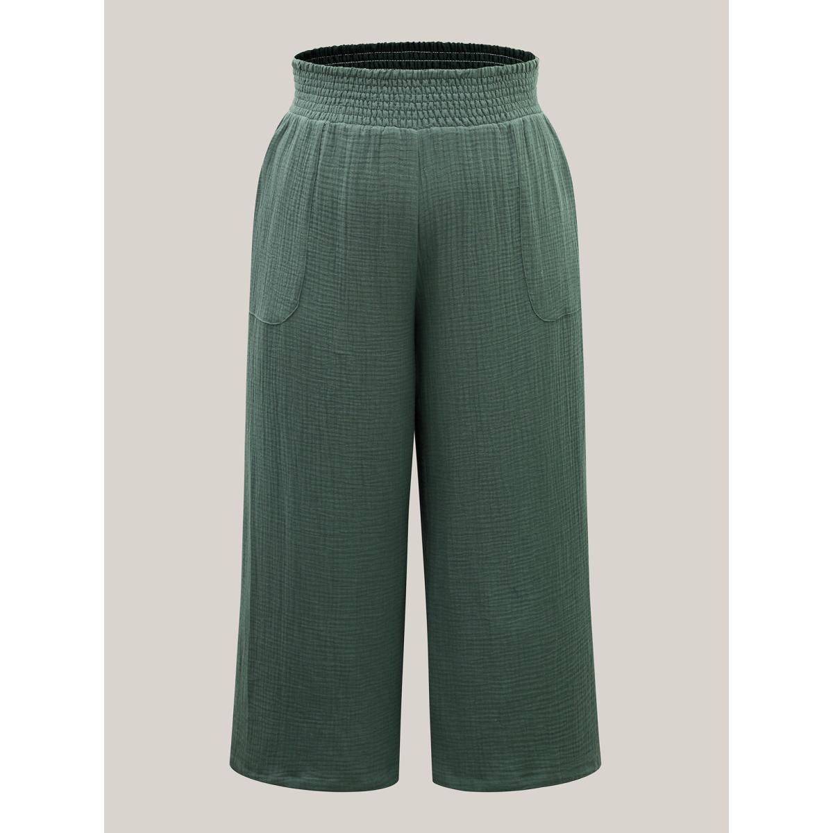 Plus Size Cotton Shirred Textured Wide-Leg Pants Women Teal Boho Wide Leg Mid Rise Vacation Pants BloomChic 26/4X Product Image