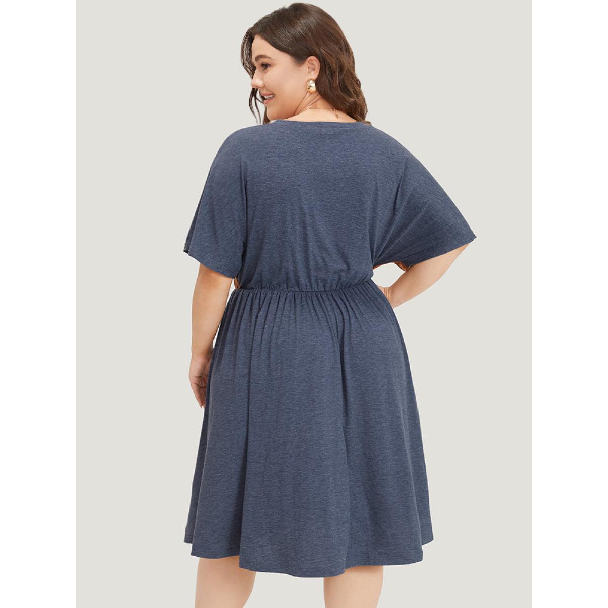 Plus Size Supersoft Essentials Contrast Pocket Gathered Elastic Waist Dress DarkBlue Women Casual Plain Round Neck Short sleeve Curvy Midi Dress BloomChic 12/L Product Image