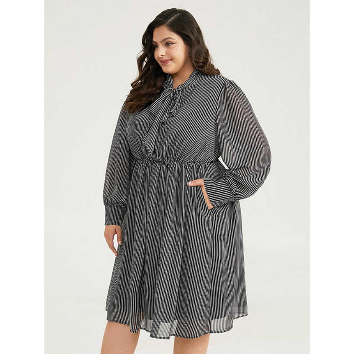 Plus Size Striped Mesh Elastic Waist Knot Neck Dress Black Women Office Printed Tie Neck Long Sleeve Curvy Midi Dress BloomChic 18-20/2X Product Image