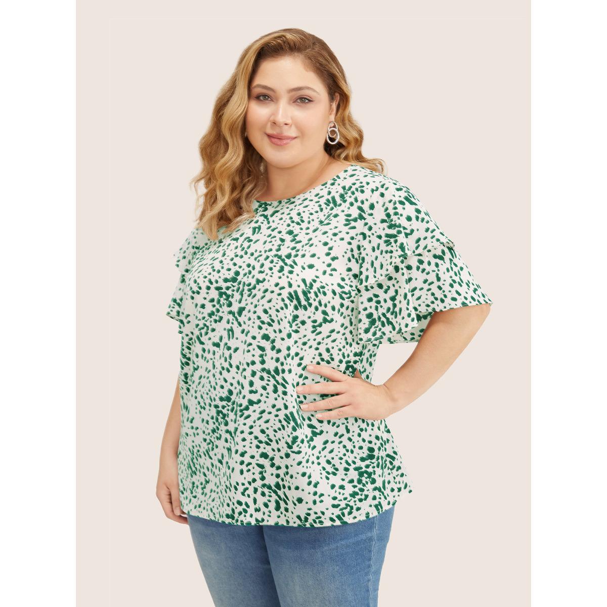 Plus Size Emerald Leopard Crew Neck Ruffle Tiered Sleeve Blouse Women Elegant Short sleeve Round Neck Everyday Blouses BloomChic 28/5X Product Image
