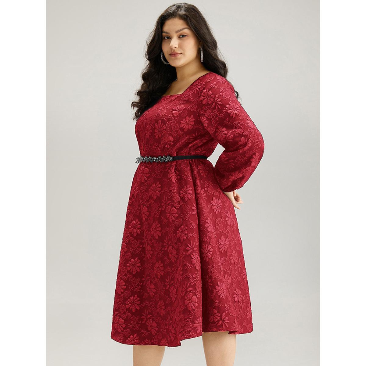 Plus Size Floral Print Plisse Pocket Lantern Sleeve Dress Raspberry Women Cocktail Elastic cuffs Square Neck Long Sleeve Curvy Midi Dress BloomChic 18-20/2X Product Image