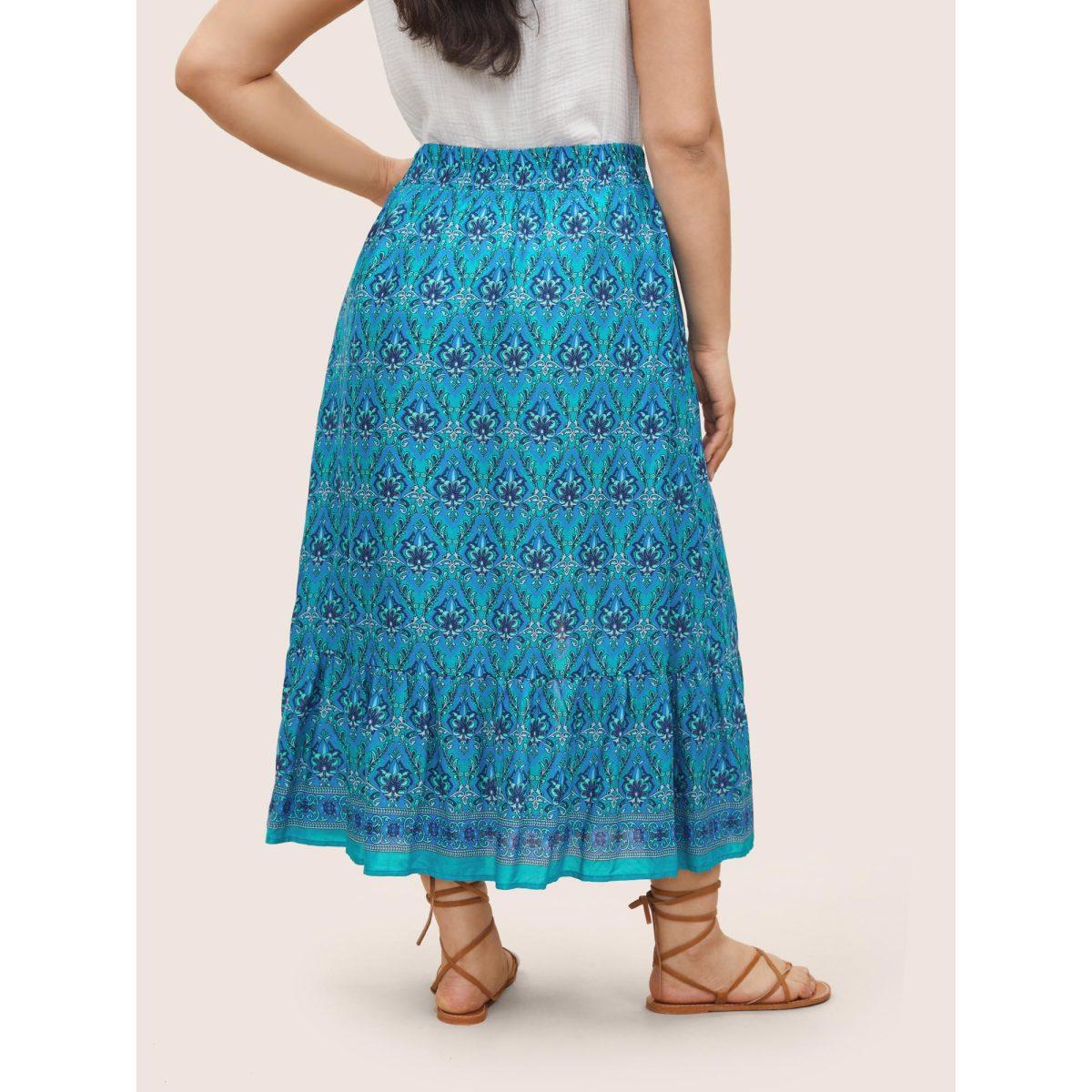 Plus Size Boho Print Elastic Waist Button Detail Skirt Women Cerulean Resort Non No stretch Slanted pocket Vacation Skirts BloomChic 18-20/2X Product Image