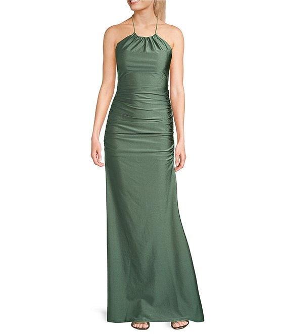 Honey and Rosie High Neck Criss Cross Back Shirred Gown Product Image