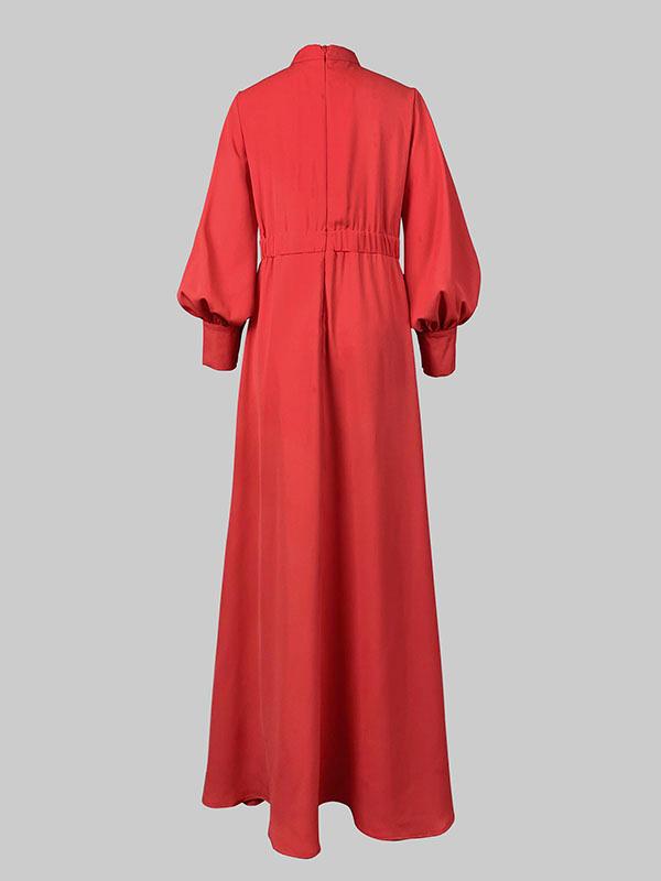 Long Sleeves Loose Buttoned Hollow Solid Color Split-Joint Round-Neck Maxi Dresses Product Image