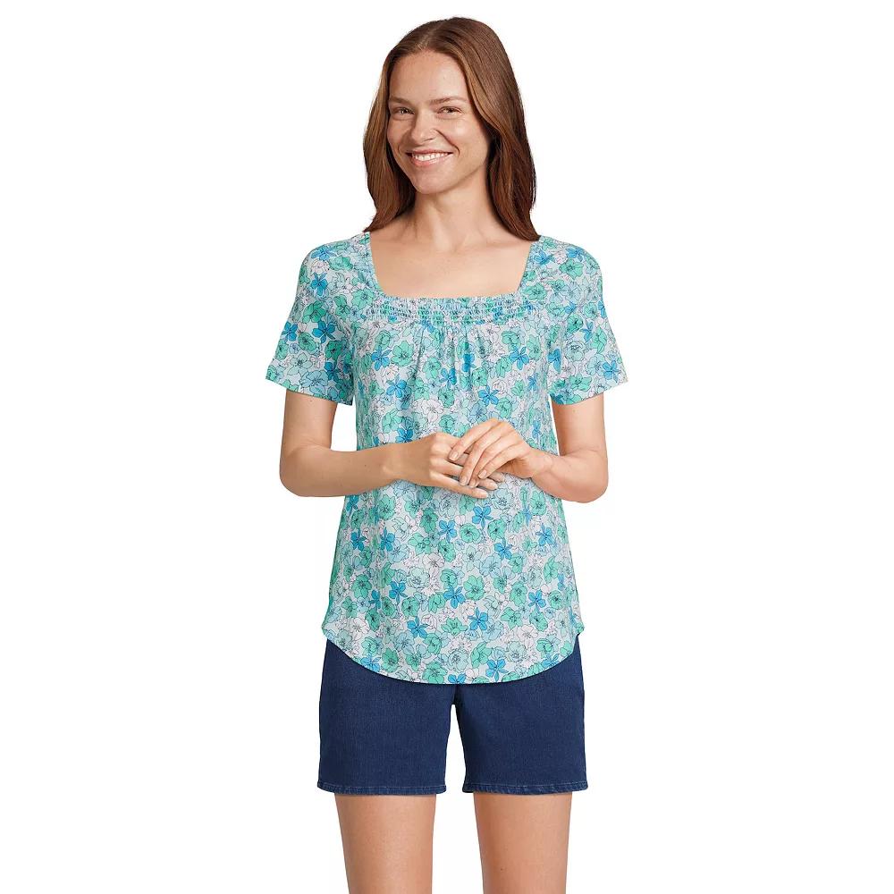 Women's Lands' End Smocked Square Neck Tee, Size: Medium, Blue Small Floral Product Image