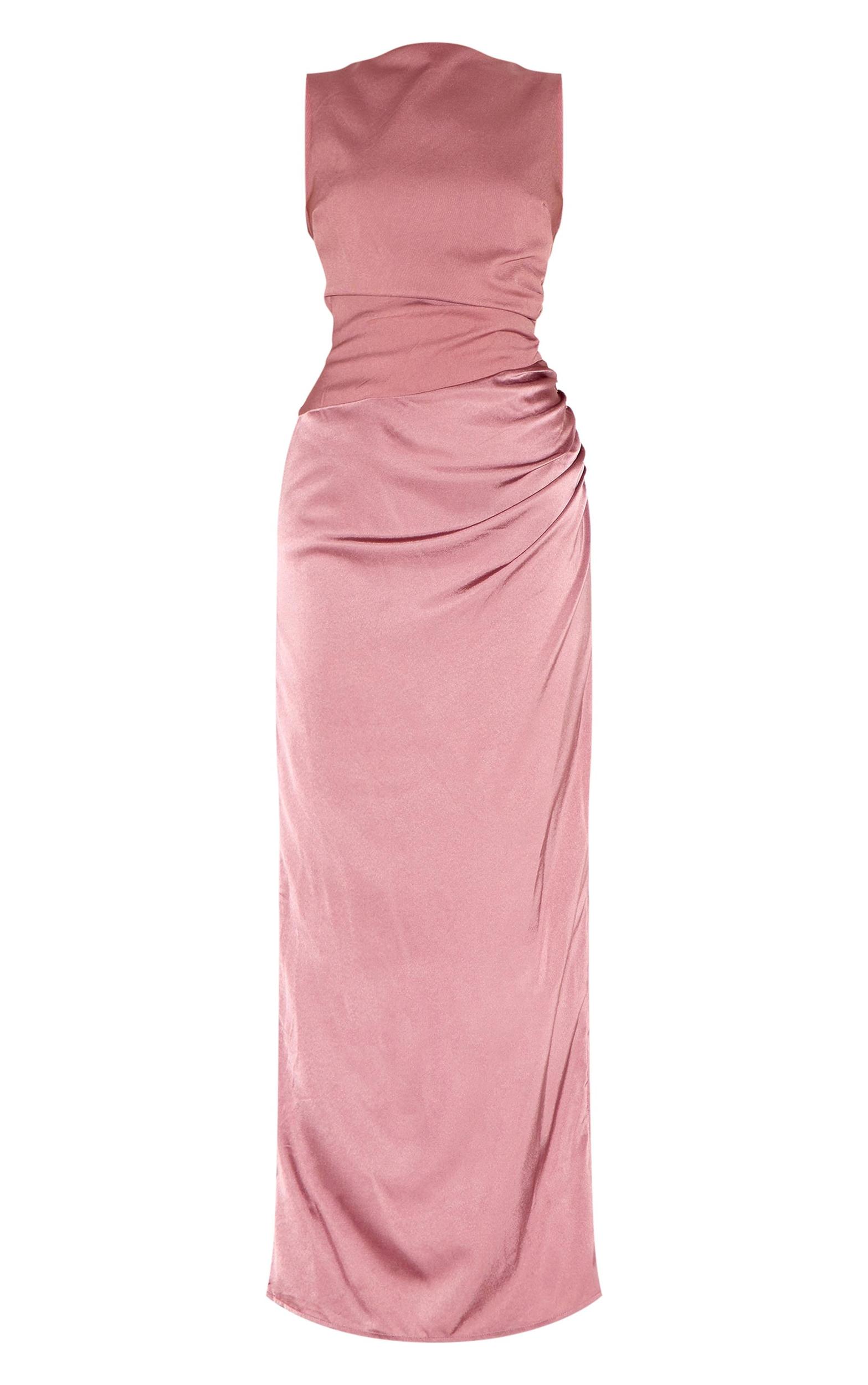 Dusty Pink Woven High Neck Ruched Drape Midaxi Dress Product Image