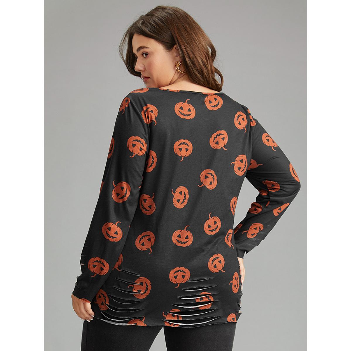 Plus Size Halloween Pumpkin Print Distressed T-shirt Black Women Casual Printed Graphic-Halloween Round Neck Festival-Halloween T-shirts BloomChic 26/4X Product Image