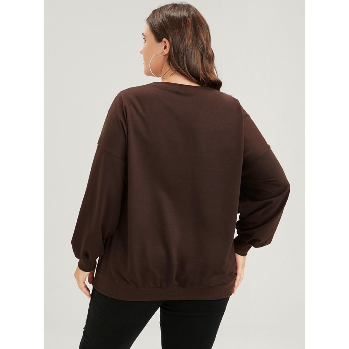 Plus Size Heart & Leopard Print Drop Shoulder Sweatshirt Women DarkBrown Casual Plain Round Neck Dailywear Sweatshirts BloomChic 10/M Product Image