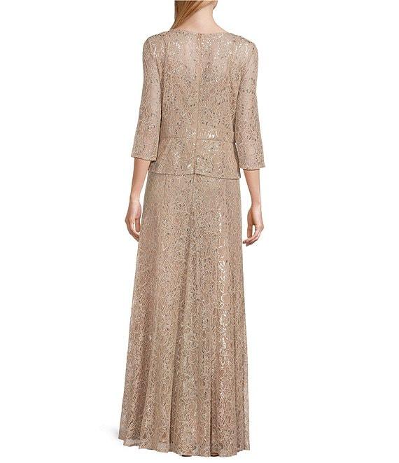 Le Bos Metallic Lace Peplum Round Neck 3/4 Sleeve Gown Product Image