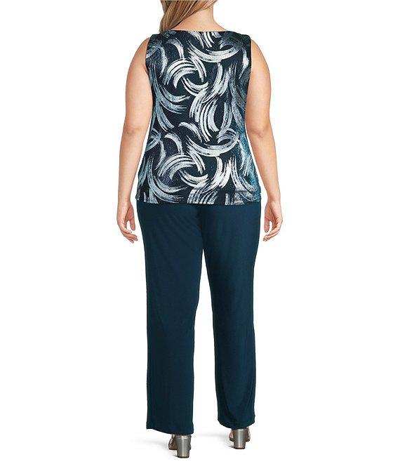 R & M Richards Plus Size 3/4 Sleeve Scoop Neck 3-Piece Foil Festival Crinkle Pant Set Product Image
