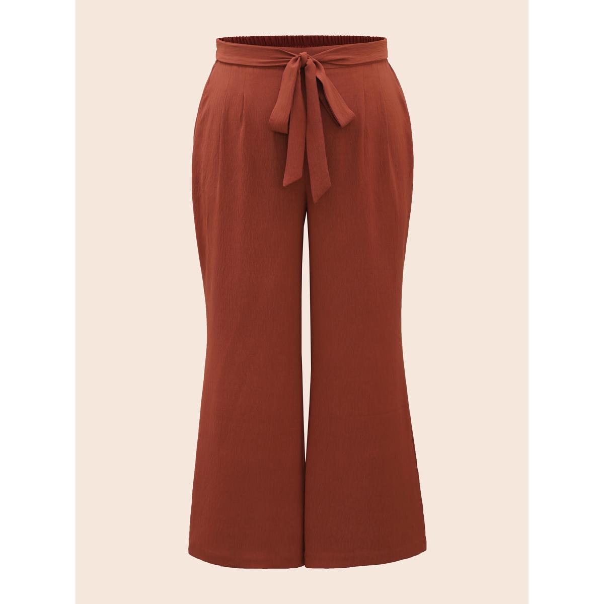 Plus Size Solid Tie Knot Wide Leg Pants Women Russet Resort Wide Leg Mid Rise Vacation Pants BloomChic 26/4X Product Image