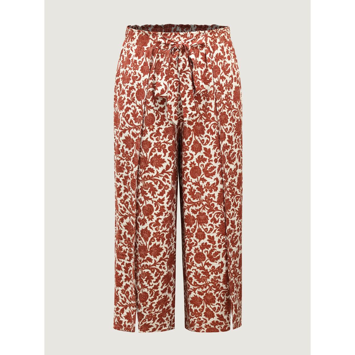 Plus Size Boho Overlap Slit Belted Wide-Leg Pants Women Rust Boho Loose Mid Rise Vacation Pants BloomChic 22-24/3X Product Image