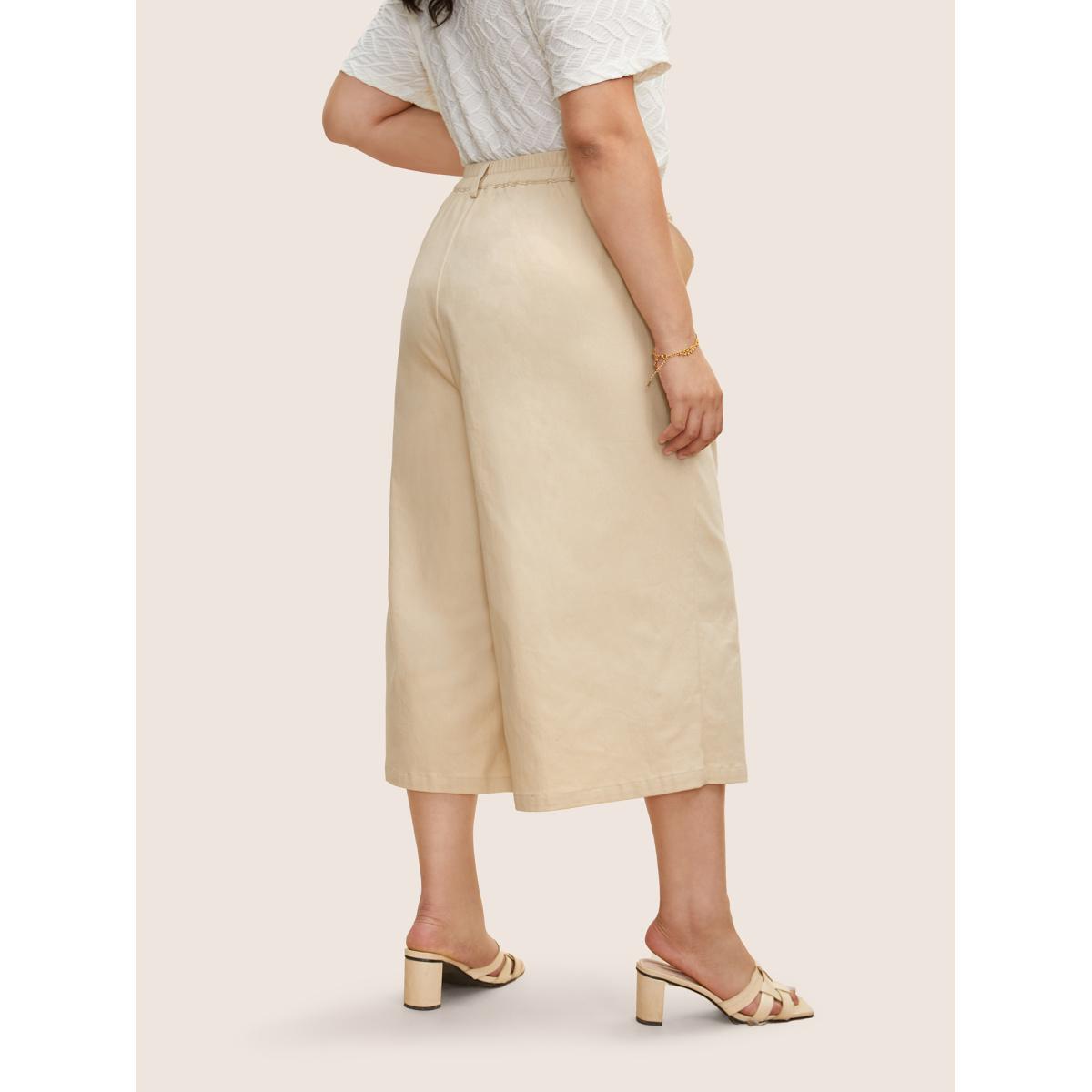 Plus Size Mid Rise Button Up Elastic Waist Loose Pants Women Beige Elegant Loose Mid Rise Everyday Pants BloomChic 14-16/1X Product Image