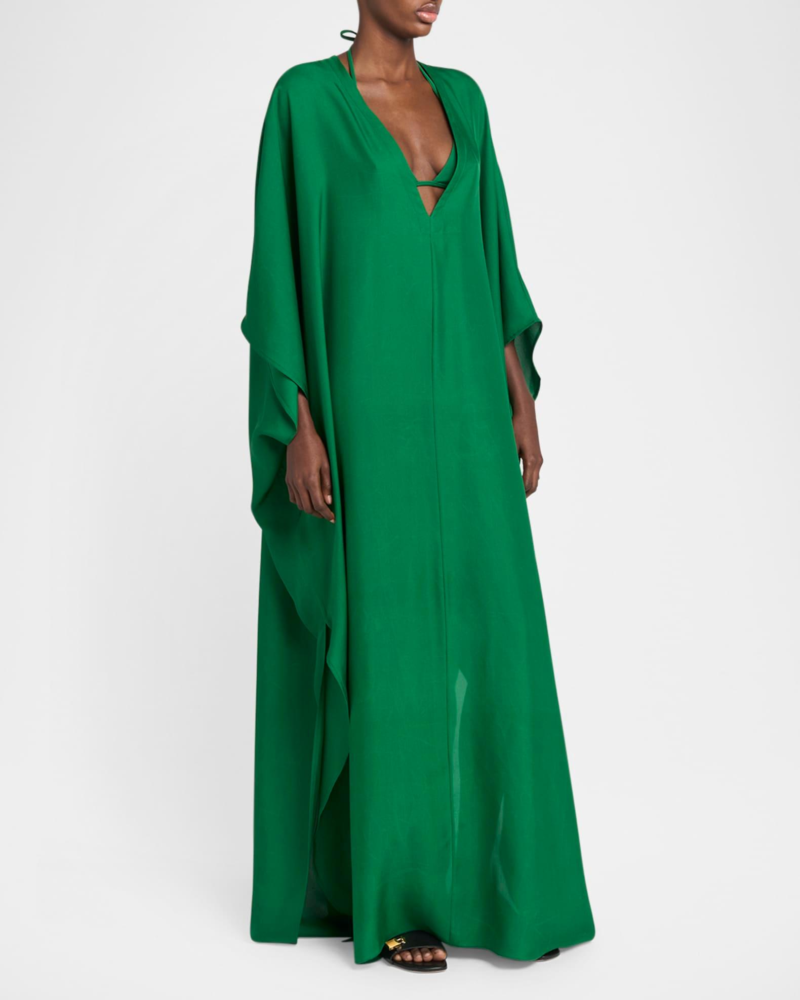 Plunging V-Neck Light Silk Twill Maxi Kaftan Dress Product Image