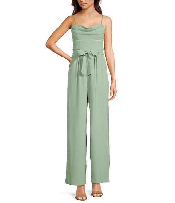 Honey and Rosie Scuba Crepe Drape Neck Spaghetti Strap Corset-Inspired Bodice Tie Front Full Length Jumpsuit Product Image